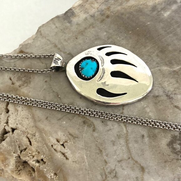 VTG Sterling Silver 925 Southwest Bear Pawn Shadowbox Turquoise Pendant Necklace - Picture 6 of 16